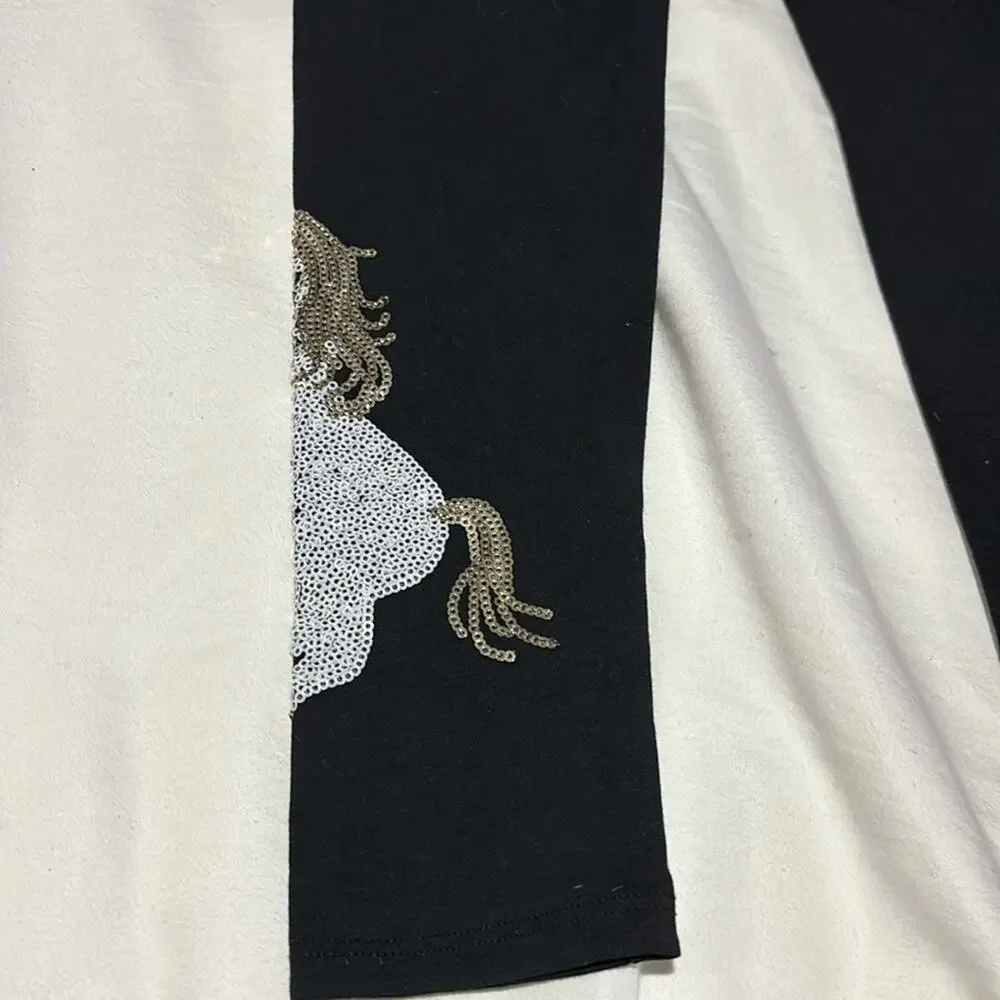Isacc Mizrahi 7/8 black leggings sequined unicorn on ankle white gold NWT